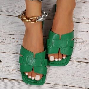 Green Flat Slip On Sandals
